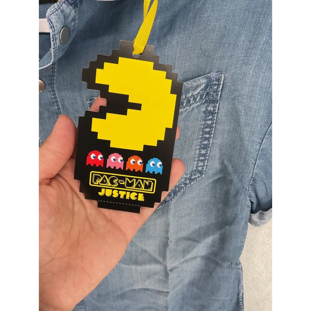 Justice Girls Denim Shirt Pac-Man Embroidery Raw Hem Blue S 7/8
